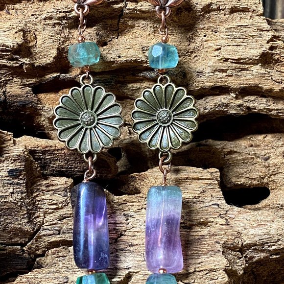 Rainbow Fluorite Flower Statement Copper Earrings - Picture 3 of 5